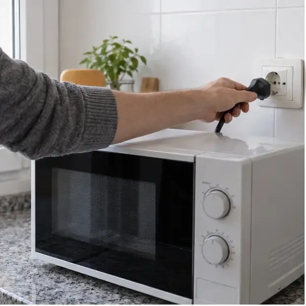 Persona desenchufando un microondas vacío y apagado de una toma de corriente en la cocina