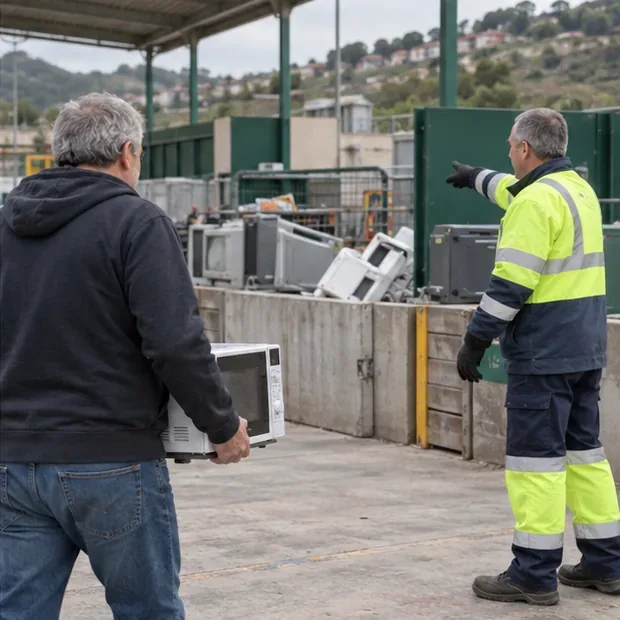 Un vecino lleva un microondas a una zona de recepción de electrodomésticos, donde un empleado señala el lugar de depósito.