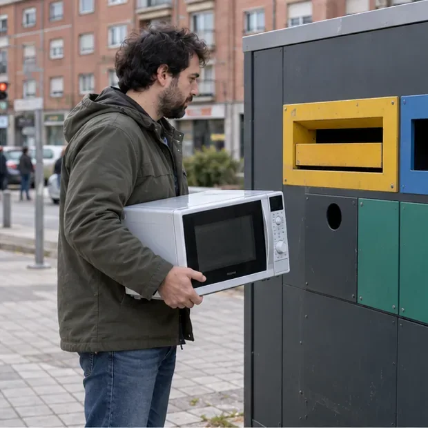Un hombre sostiene un microondas frente a un módulo urbano cuya abertura es mucho más pequeña que el aparato.