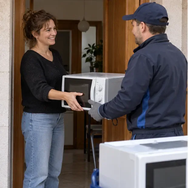 Una vecina entrega un microondas usado a un trabajador que lleva un electrodoméstico nuevo a su domicilio.