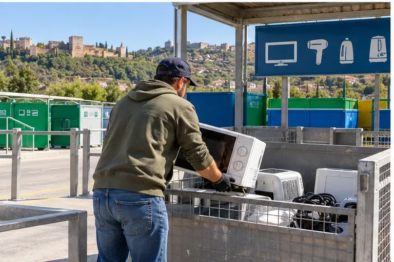 Persona depositando un microondas en una zona de recogida de pequeños aparatos eléctricos en un punto limpio
