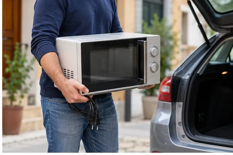 Persona transportando un microondas hacia el maletero de un coche con el cable recogido