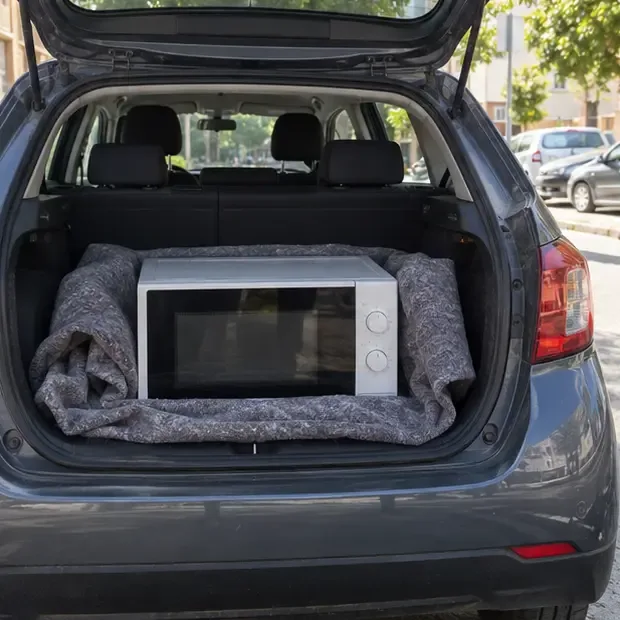 Un microondas sujeto en posición estable dentro del maletero de un coche con una manta alrededor