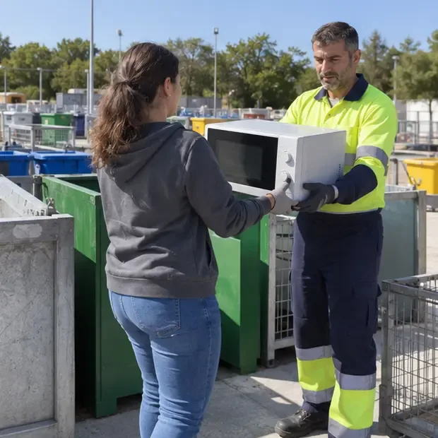 Una trabajadora de un punto de recogida recibe un microondas de manos de una vecina junto a contenedores separados