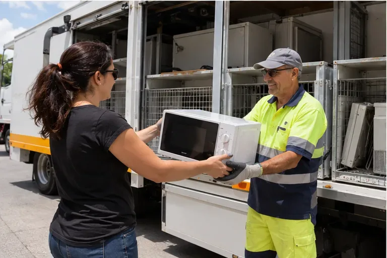 Una vecina entrega un microondas a un operario junto a un vehículo de recogida móvil.