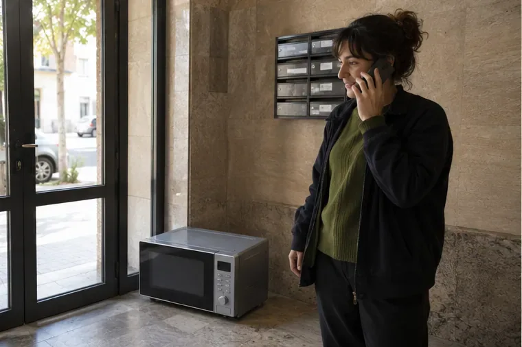 Una mujer consulta el teléfono junto a un microondas colocado cerca de la entrada de su vivienda