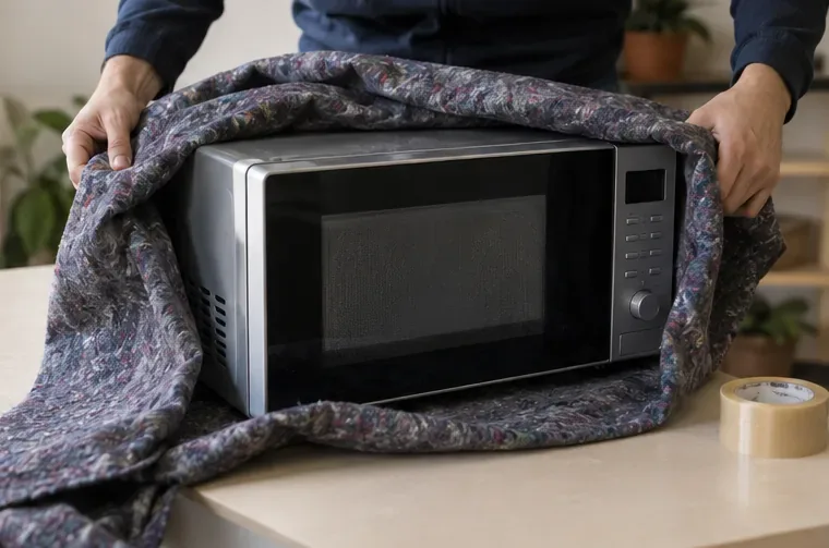 Un microondas doméstico desenchufado y con la puerta cerrada se prepara para el transporte protegido