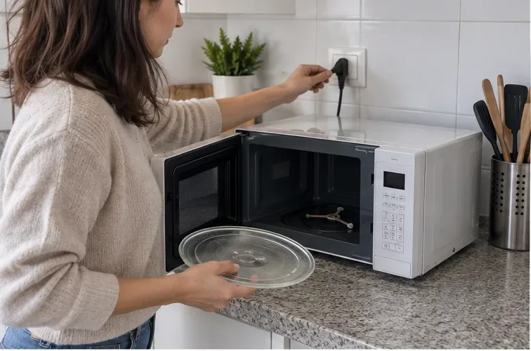 Mujer desenchufando un microondas de sobremesa y retirando el plato de vidrio antes de transportarlo