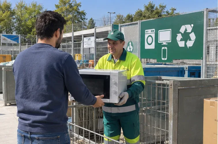 Usuario entregando un microondas completo a un trabajador en una instalación de reciclaje de aparatos eléctricos