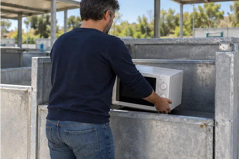 Un hombre deposita un microondas en una zona señalizada para aparatos eléctricos dentro de una instalación de reciclaje.