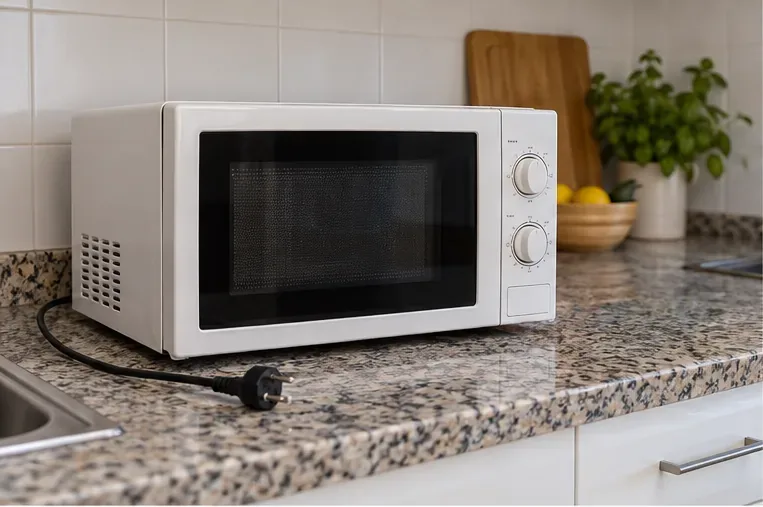 Microondas doméstico desenchufado sobre una encimera, con la puerta cerrada y el cable separado de la toma.