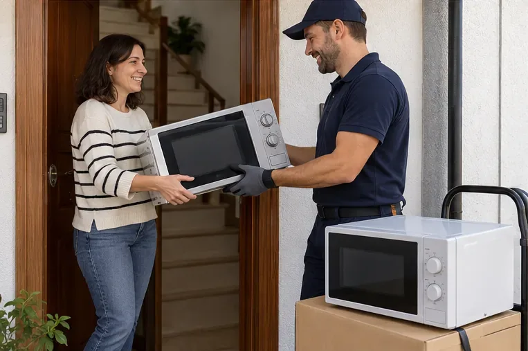 Una residente entrega un microondas usado al personal que lleva un aparato nuevo a su domicilio.