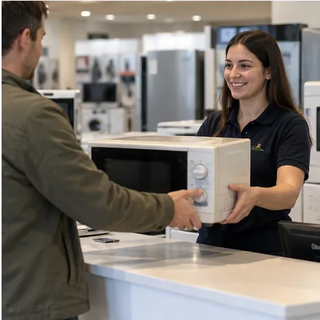 Cliente entregando un microondas usado en el mostrador de una tienda de electrodomésticos
