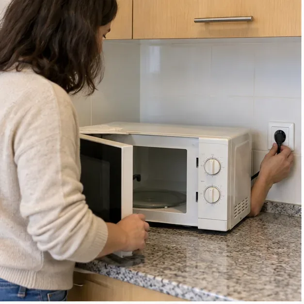 Persona desenchufando un microondas doméstico antes de prepararlo para su entrega como residuo eléctrico