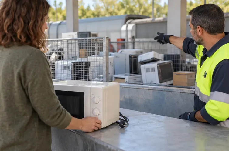 Una persona presenta un microondas blanco entero sobre el mostrador de recepción y un operario señala la zona de aparatos eléctricos.
