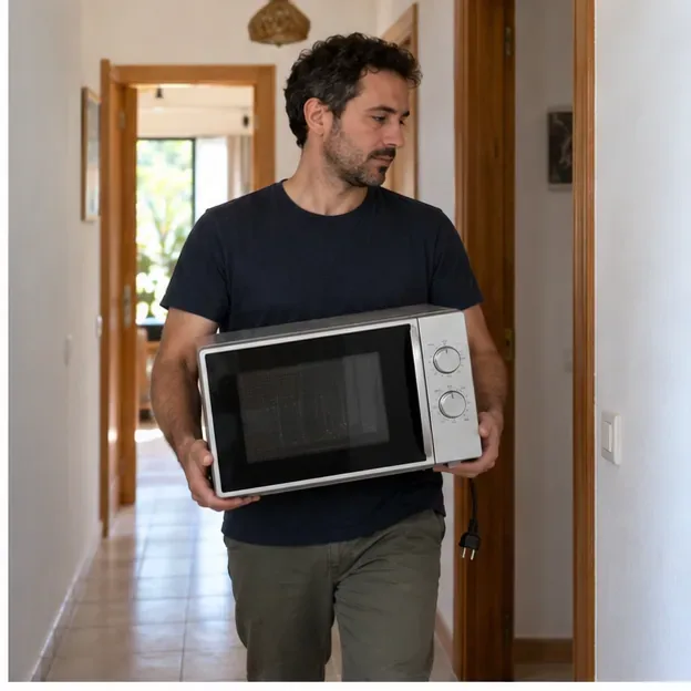 Una persona lleva un microondas desenchufado con ambas manos por un pasillo despejado.