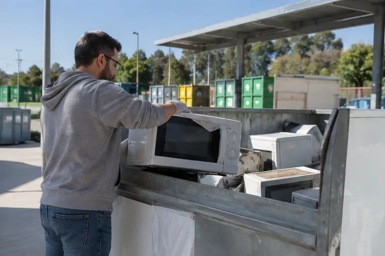 Un usuario deposita un microondas en la zona de aparatos eléctricos de un centro de recogida de residuos
