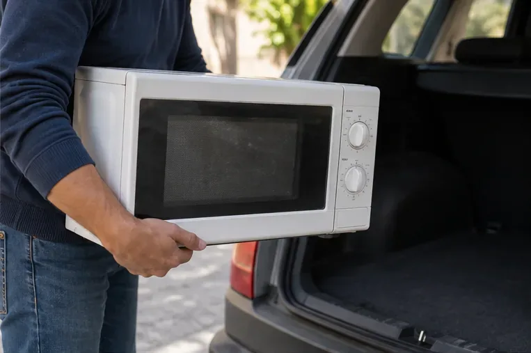 Una persona transporta con ambas manos un microondas hacia el maletero de un coche para llevarlo a un punto limpio