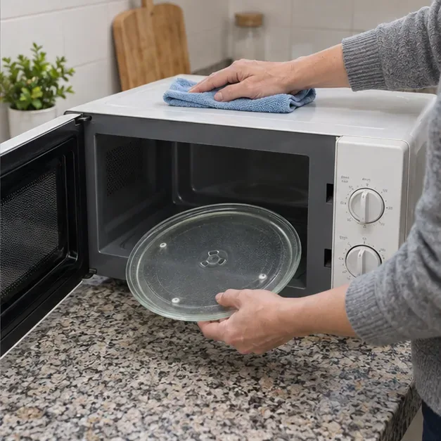 Persona limpiando un microondas y retirando el plato de vidrio antes del transporte