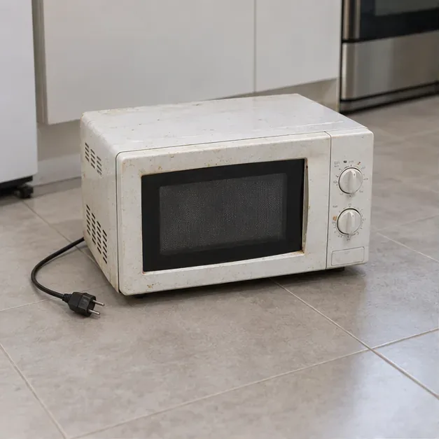 Microondas antiguo desenchufado en el suelo de una cocina antes de llevarlo a una deixalleria
