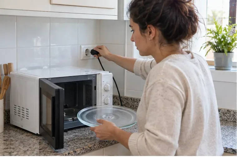 Una mujer desenchufa un microondas en una cocina y retira el plato giratorio de cristal antes de transportarlo