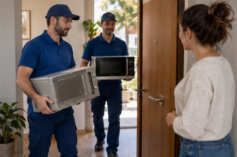 Dos repartidores entregan un microondas nuevo en una vivienda mientras retiran otro aparato usado