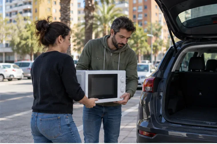 Dos personas cargan un microondas en el maletero de un coche para llevarlo a un punto de recogida