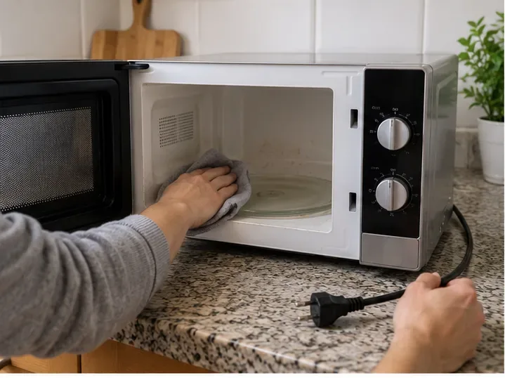 Persona limpiando el interior de un microondas desenchufado antes de llevarlo a reciclaje