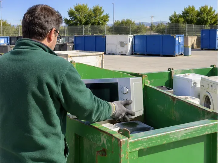 Trabajador depositando un microondas completo en una zona de recogida de aparatos eléctricos en un punto limpio