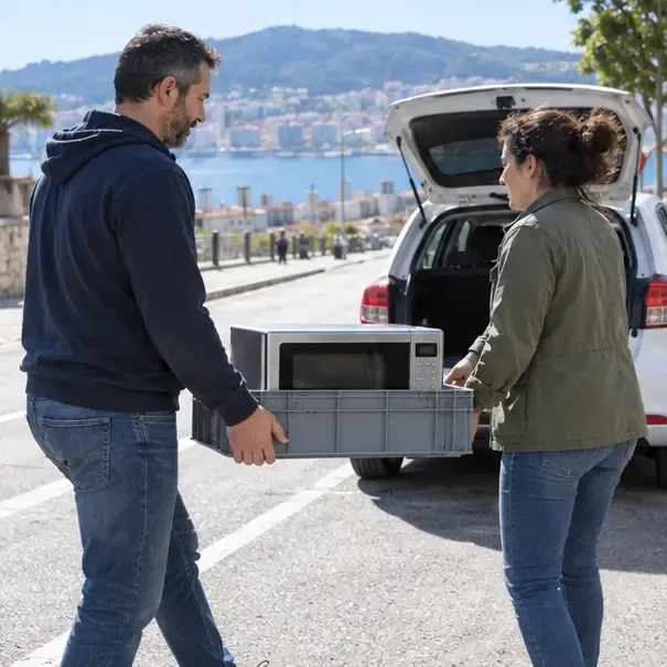 Dos personas transportando un microondas en una caja hasta el maletero de un coche
