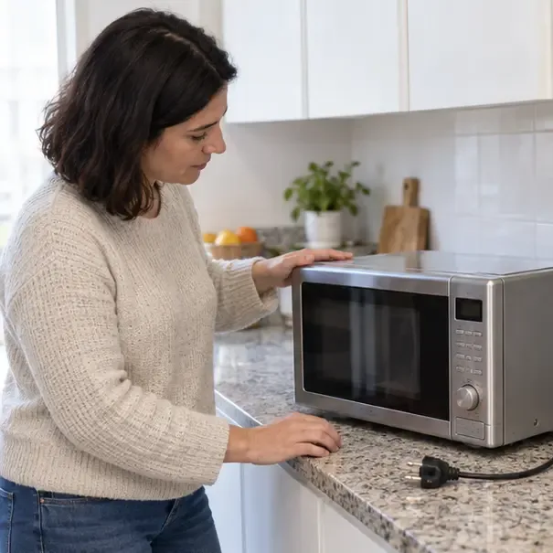 Persona revisando un microondas desenchufado sobre la encimera de una cocina