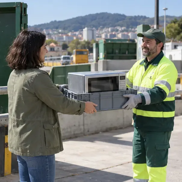 Vecina entregando un microondas a un trabajador en un punto de recogida de residuos