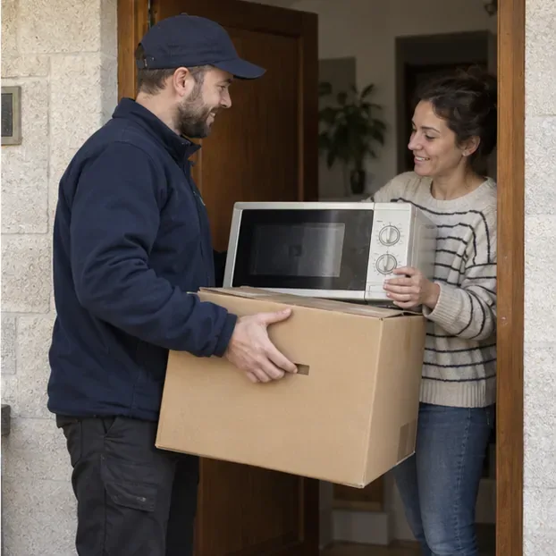 Un repartidor y una vecina sostienen un microondas antiguo junto a una caja de un aparato nuevo
