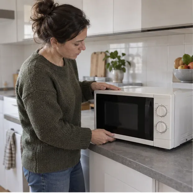 Una mujer examina un microondas intacto sobre la encimera de una cocina