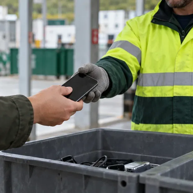 Un trabajador de un centro de reciclaje recibe un teléfono móvil usado para depositarlo con pequeños aparatos electrónicos