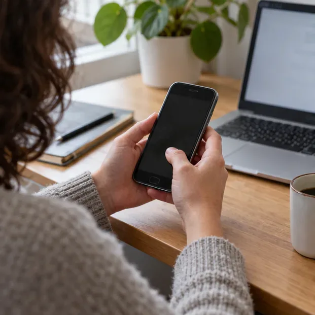 Una persona revisa un teléfono móvil usado junto a un ordenador antes de prepararlo para su entrega