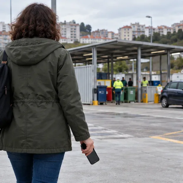 Una persona lleva un teléfono usado hacia una instalación municipal de recogida selectiva