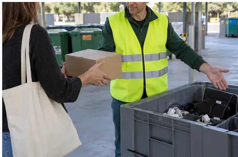 Un trabajador de un punto de recogida indica a una persona dónde entregar una caja con un móvil