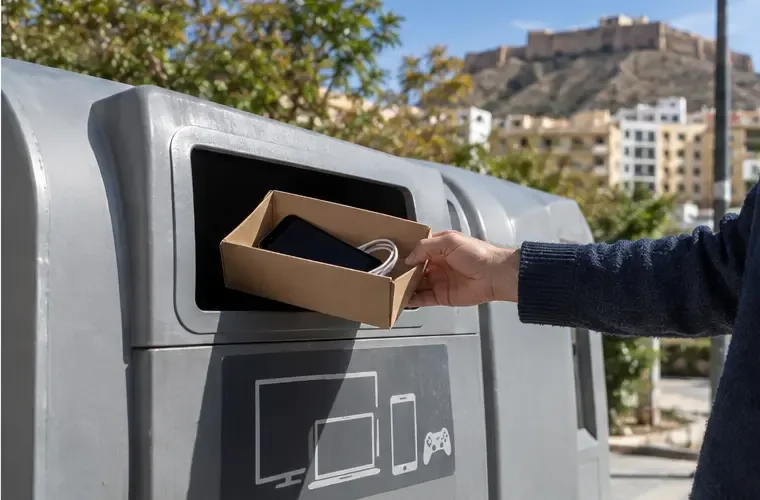 Una persona entrega una caja con un móvil en un contenedor de residuos electrónicos con Alicante al fondo