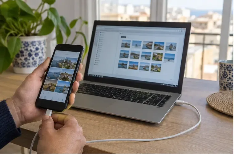 Una persona copia las fotografías de un móvil a un ordenador portátil mediante un cable