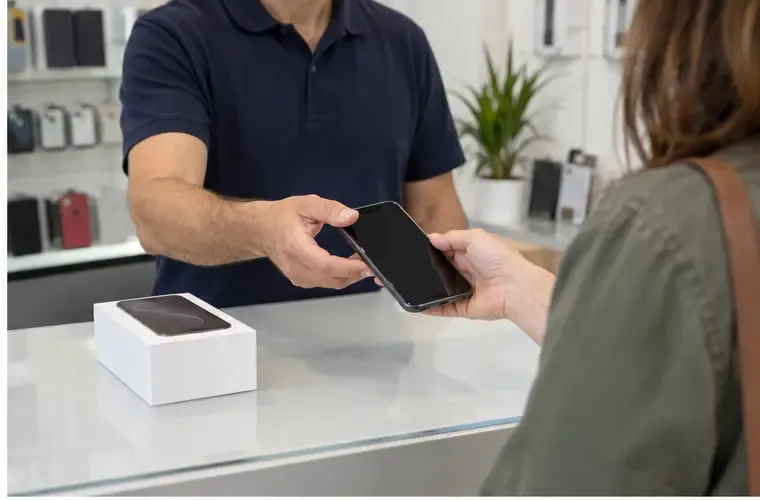 Una dependienta recibe un móvil usado en el mostrador junto a la caja de un teléfono nuevo
