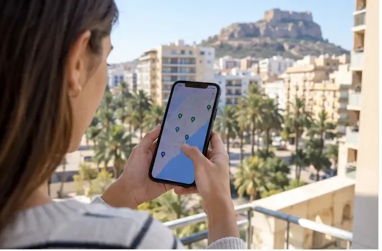 Una persona consulta en su teléfono la ubicación de varios puntos de recogida en Alicante