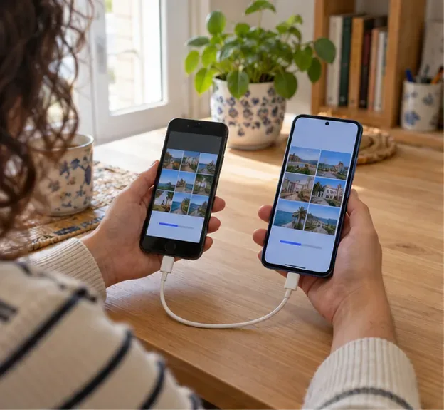 Una persona transfiere fotografías entre un móvil antiguo y otro teléfono en casa