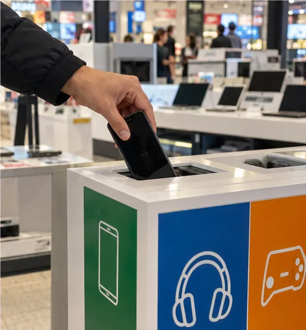 Una mano deposita un móvil apagado en un recipiente específico para aparatos electrónicos dentro de una tienda