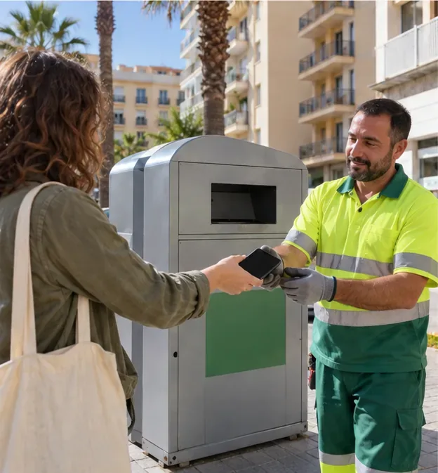 Una vecina entrega un teléfono apagado a un operario junto a un punto limpio móvil en una calle de Almería