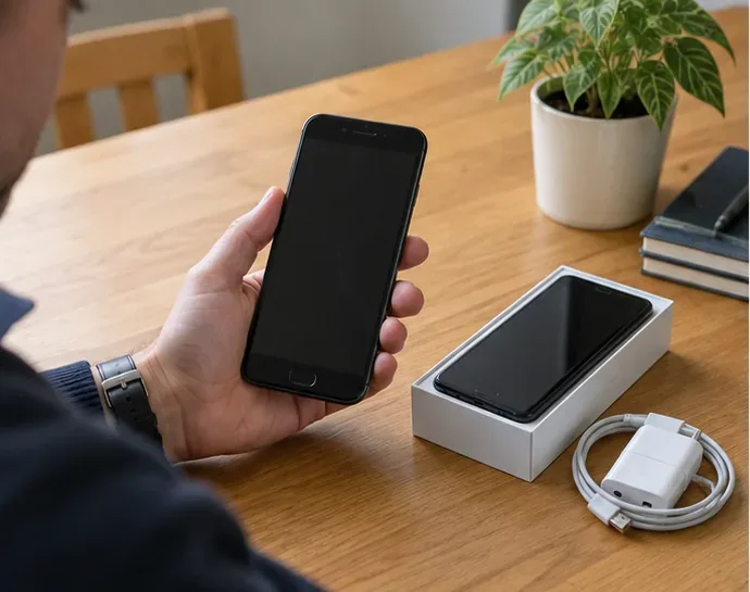Una persona compara un móvil antiguo con otro teléfono y sus accesorios sobre una mesa antes de decidir qué hacer con él
