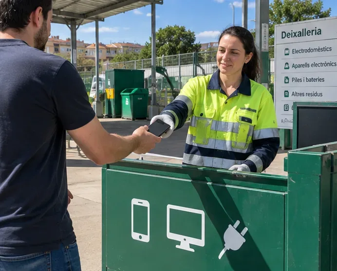 Una persona entrega un teléfono móvil a una trabajadora en una instalación de recogida de residuos electrónicos
