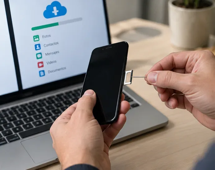 Una persona retira la bandeja SIM de un teléfono mientras un ordenador muestra una copia de seguridad en curso