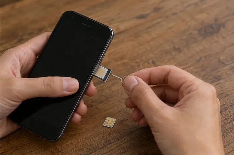 Manos junto a un teléfono apagado extraen la bandeja de una tarjeta SIM sobre una mesa.