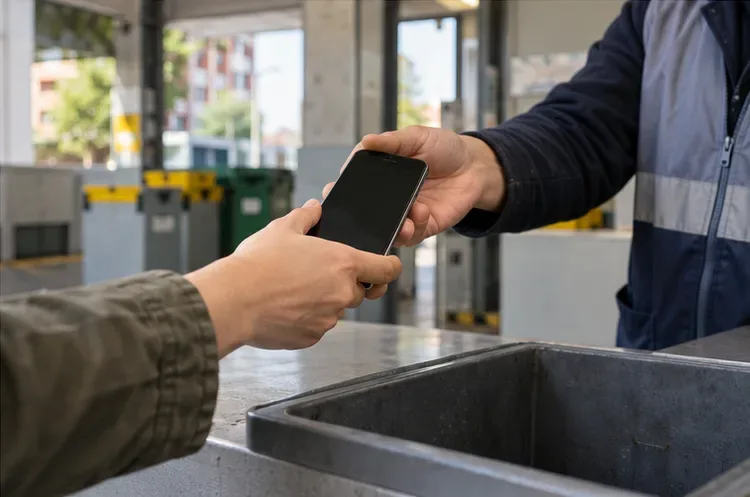 Una persona entrega un teléfono apagado a otra sobre el mostrador de un espacio de recogida.